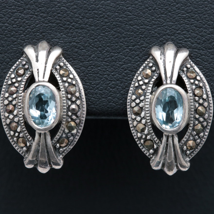 Sterling Silver, Blue Topaz and Marcasite Earrings