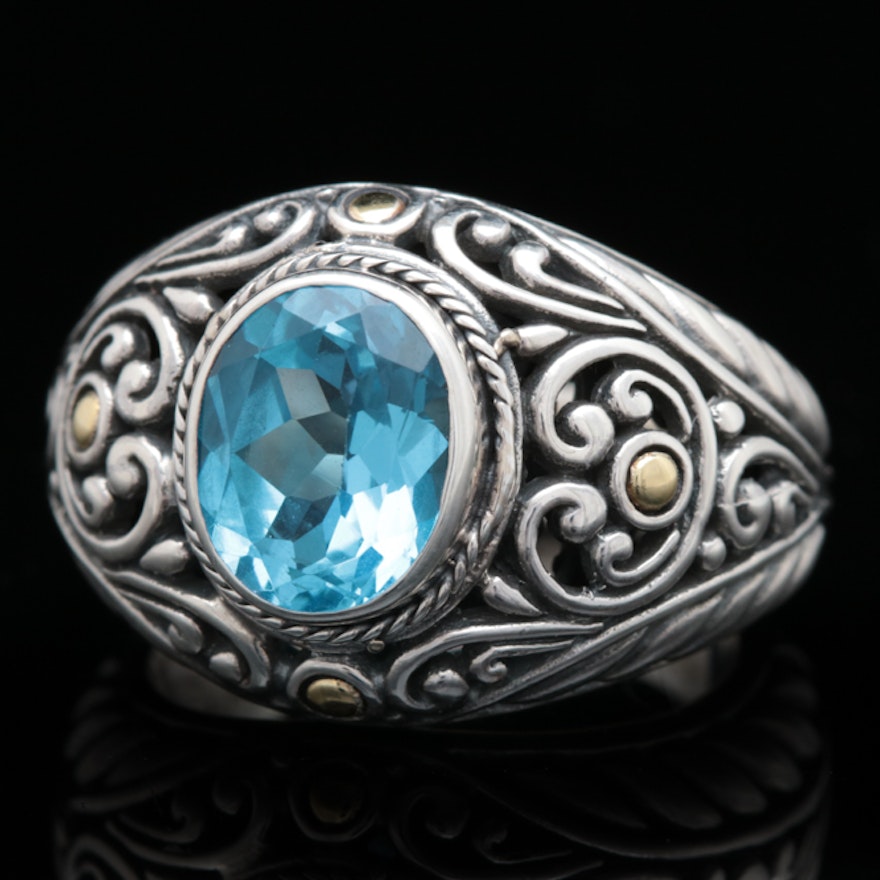 Robert Manse Sterling Silver, 18K Gold and Blue Topaz Ring