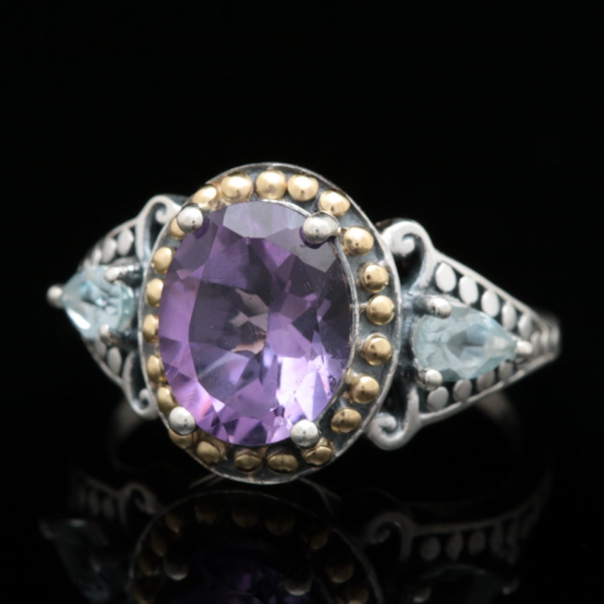 Robert Manse Sterling Silver, 18K Gold, Amethyst and Blue Topaz Ring