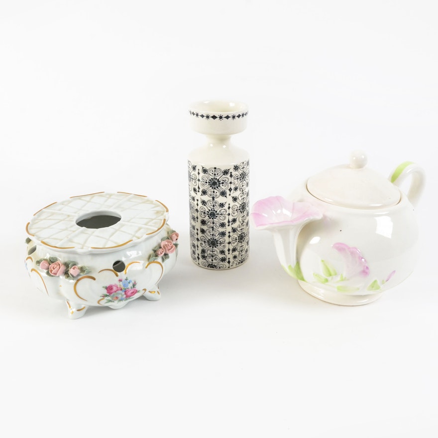 Ceramic Candle Holder, Vase, and Teapot