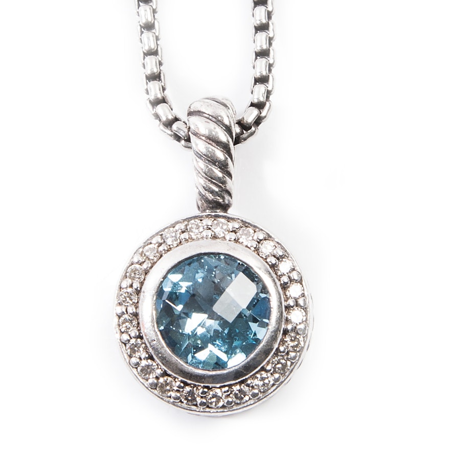 David Yurman Sterling Silver Blue Topaz and Diamond Pendant Necklace