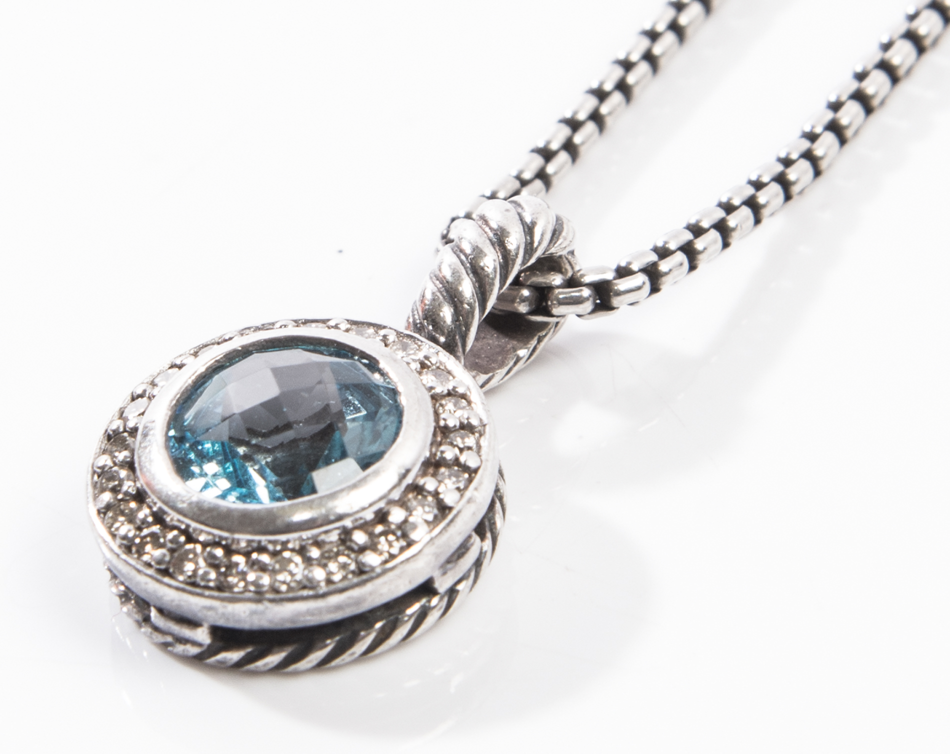 David Yurman Sterling Silver Blue Topaz and Diamond Pendant Necklace