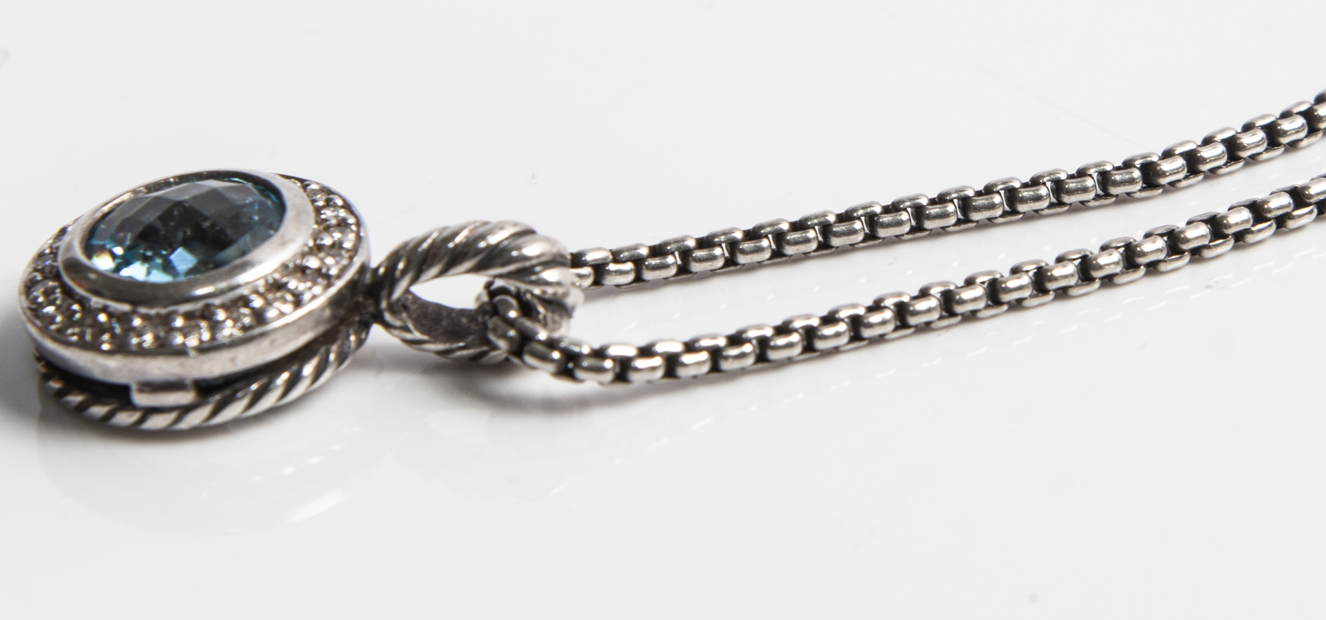 David Yurman Sterling Silver Blue Topaz and Diamond Pendant Necklace