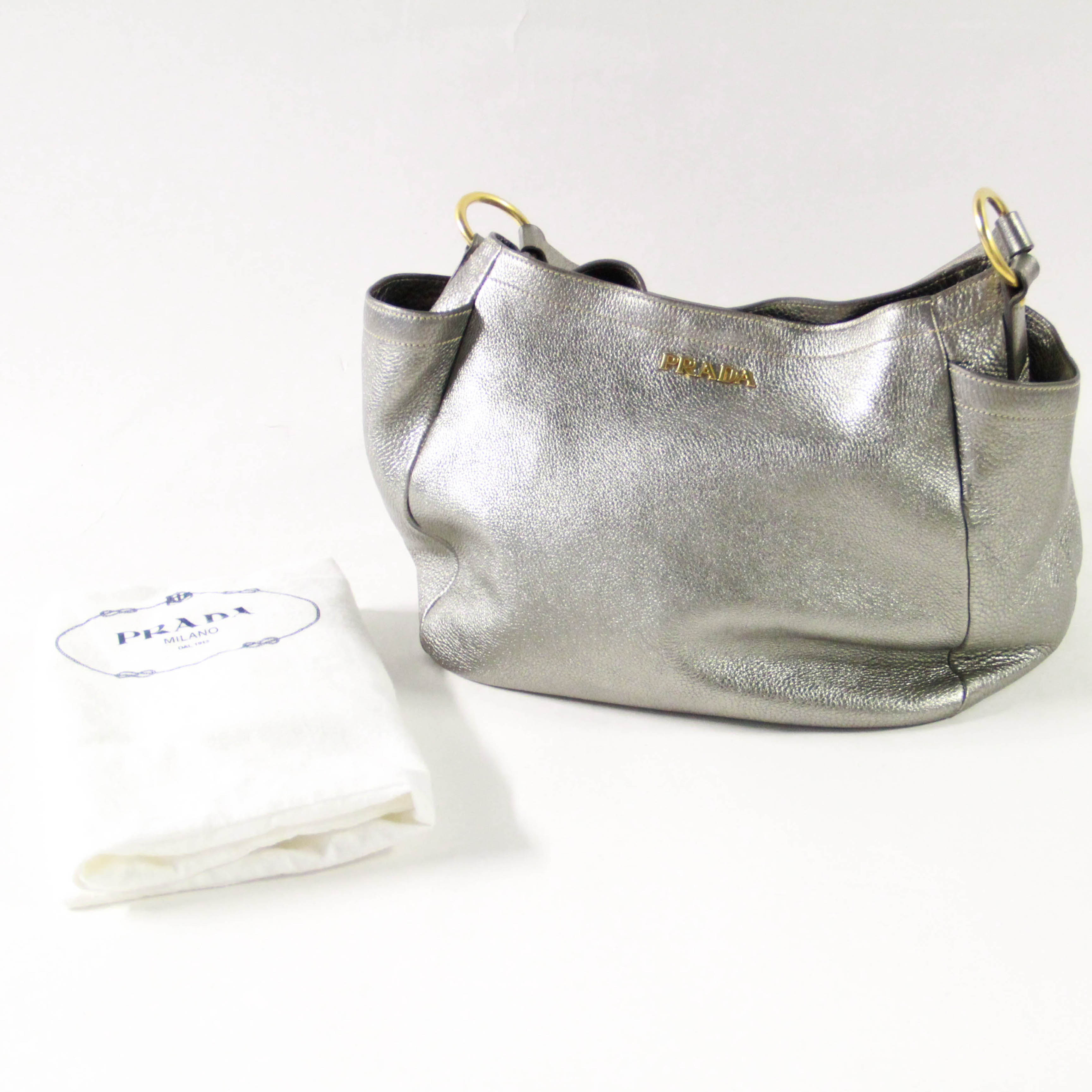 Prada Silver Tone Leather Hobo Bag