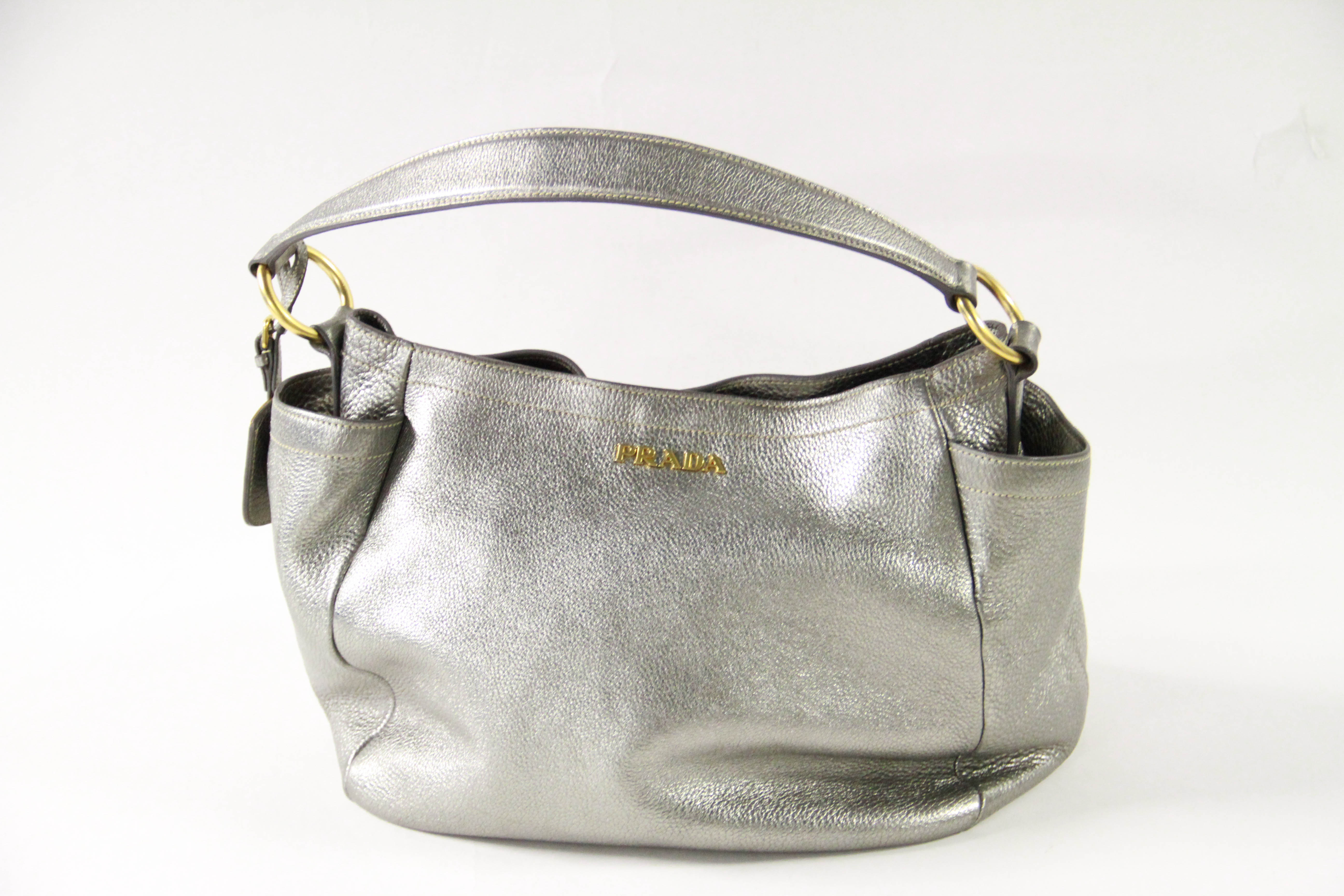 Prada Silver Tone Leather Hobo Bag