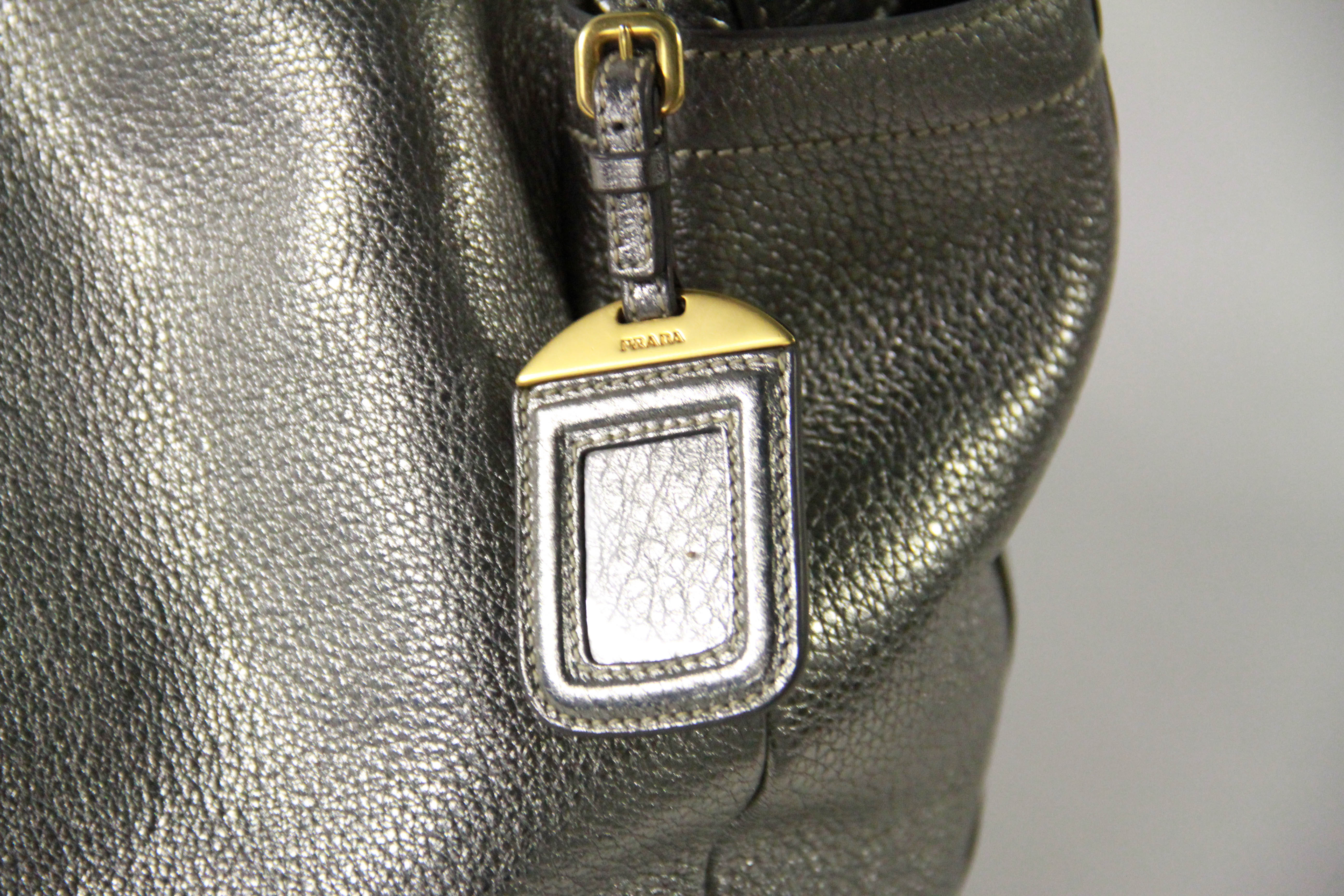 Prada Silver Tone Leather Hobo Bag