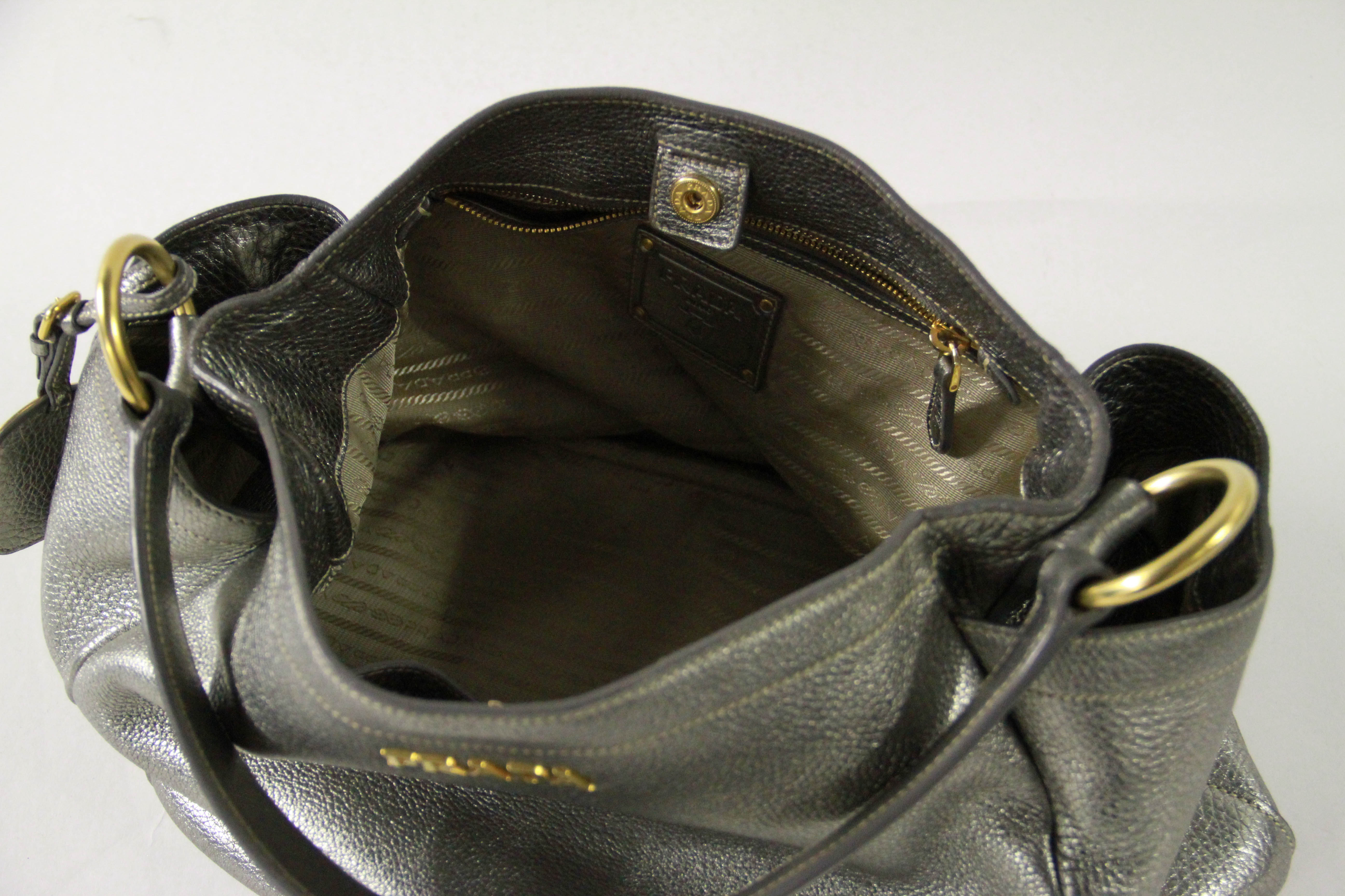 Prada Silver Tone Leather Hobo Bag