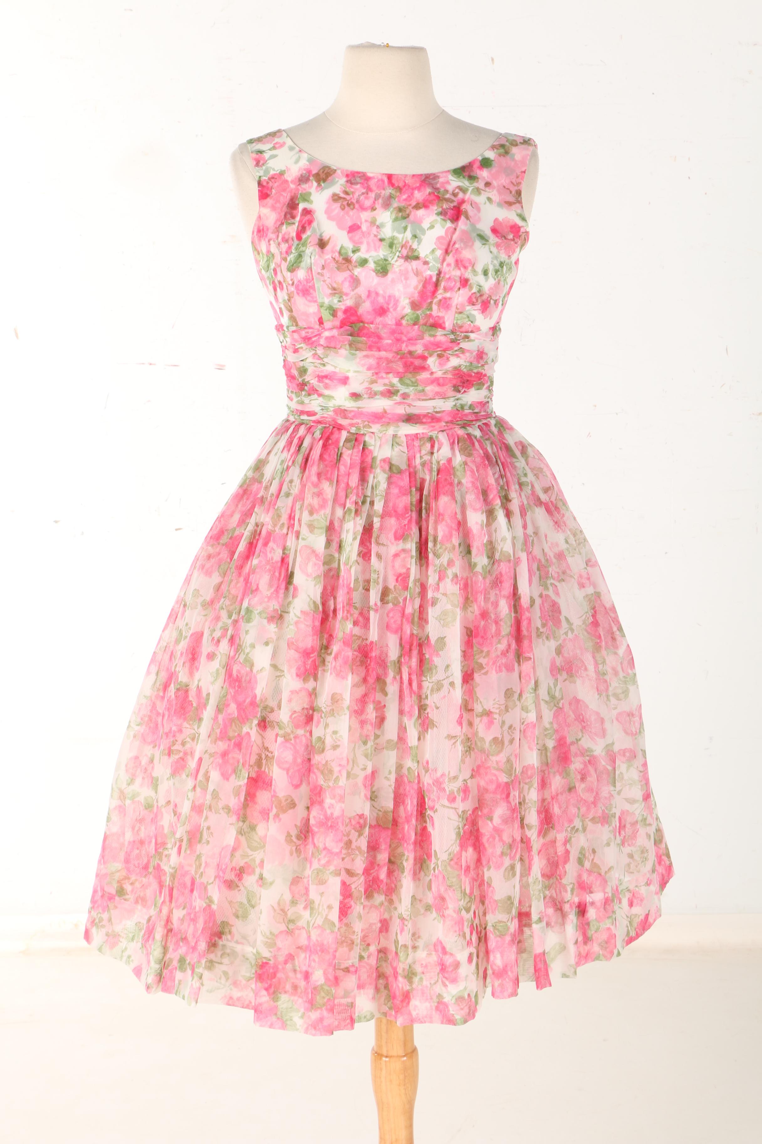 Vintage Pink and Green Floral Dress with Jacket
