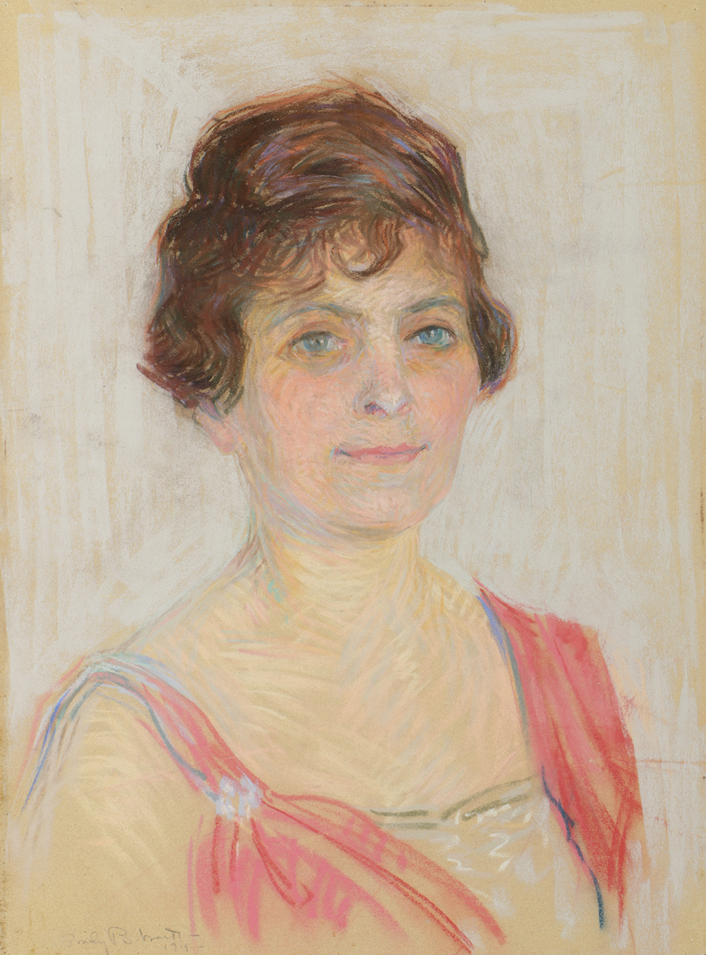 Emily B. Waite Pastel Drawing on Paper Portrait of a Woman Wear A Pink Dress