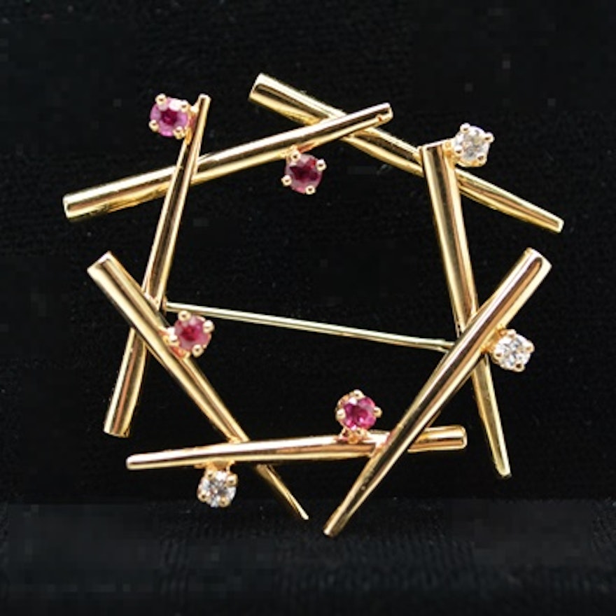 14K Yellow Gold Ruby and Diamond Brooch
