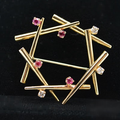 14K Yellow Gold Ruby and Diamond Brooch