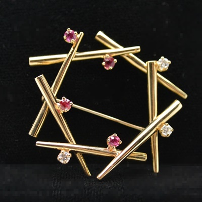 14K Yellow Gold Ruby and Diamond Brooch