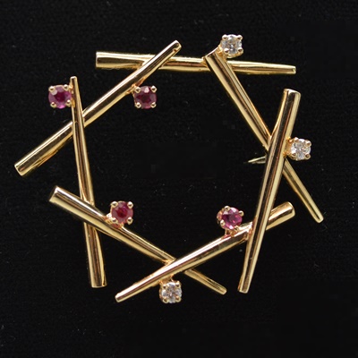 14K Yellow Gold Ruby and Diamond Brooch
