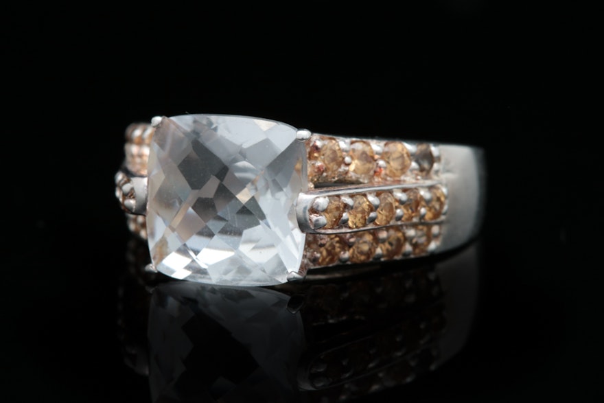 Sterling Silver, Quartz and Golden Zircon Ring