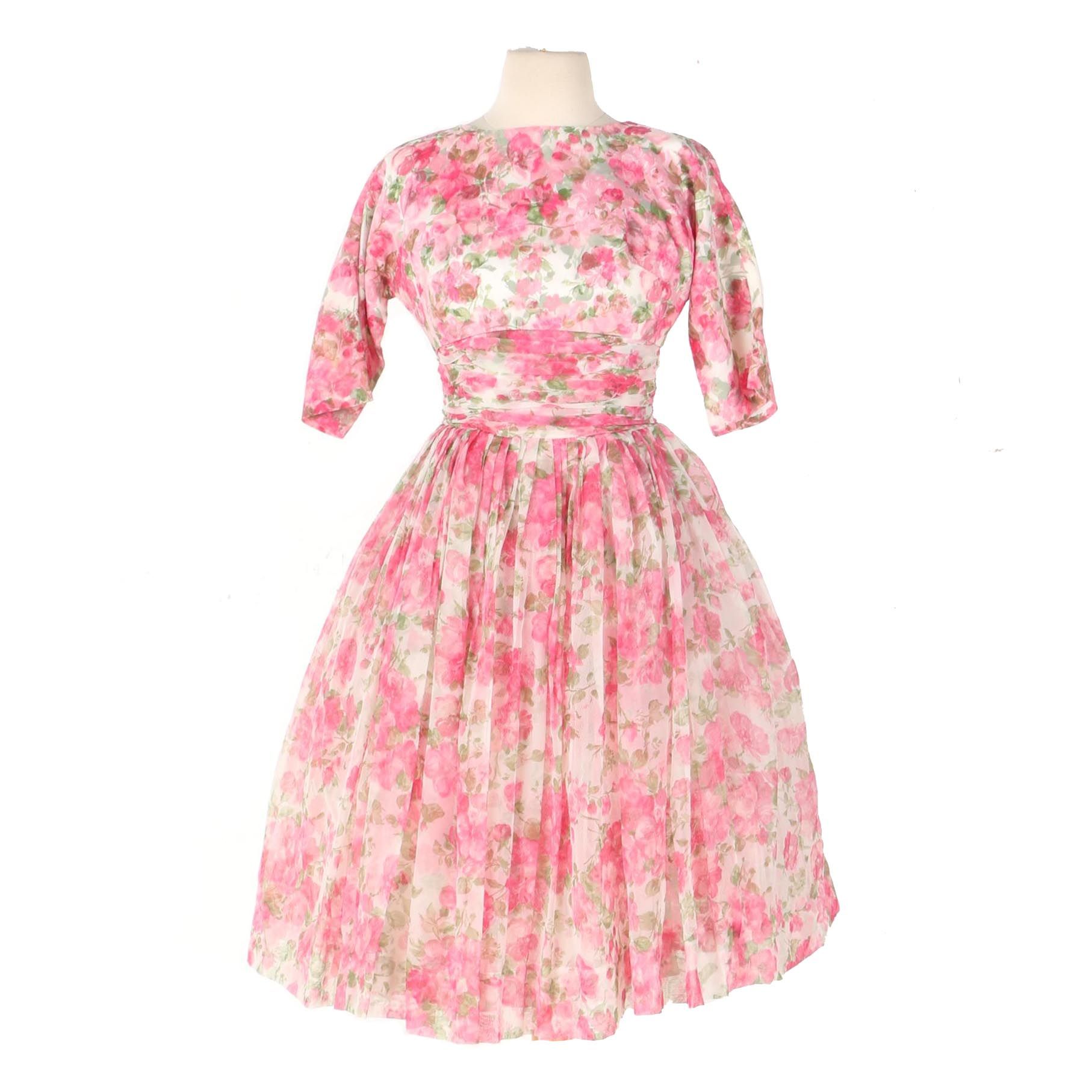 Vintage Pink and Green Floral Dress with Jacket