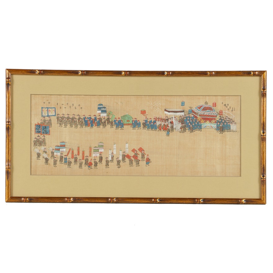 Chinese Gouache Painting on Silk of a Procession Scene