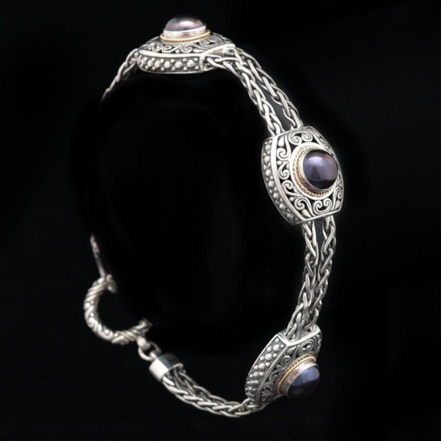 Robert Manse Sterling Silver, 18K Gold and Black Pearl Bracelet