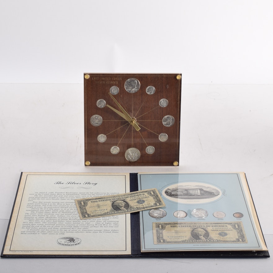 Silver Certificate, Executive Model Silver Coinage Clock and the Kennedy Mint Silver Coin and Certificate Set