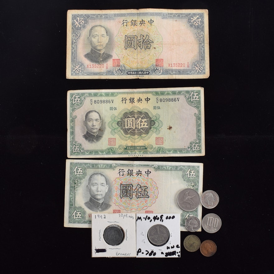 Vintage European and Asian Coins and Notes