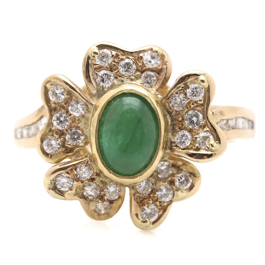14K Yellow Gold Emerald and Diamond Shamrock Ring