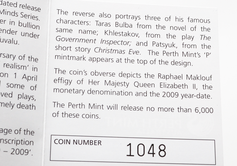 Perth Mint Great Russian Minds Nikolai Gogol Colorized Silver Coin