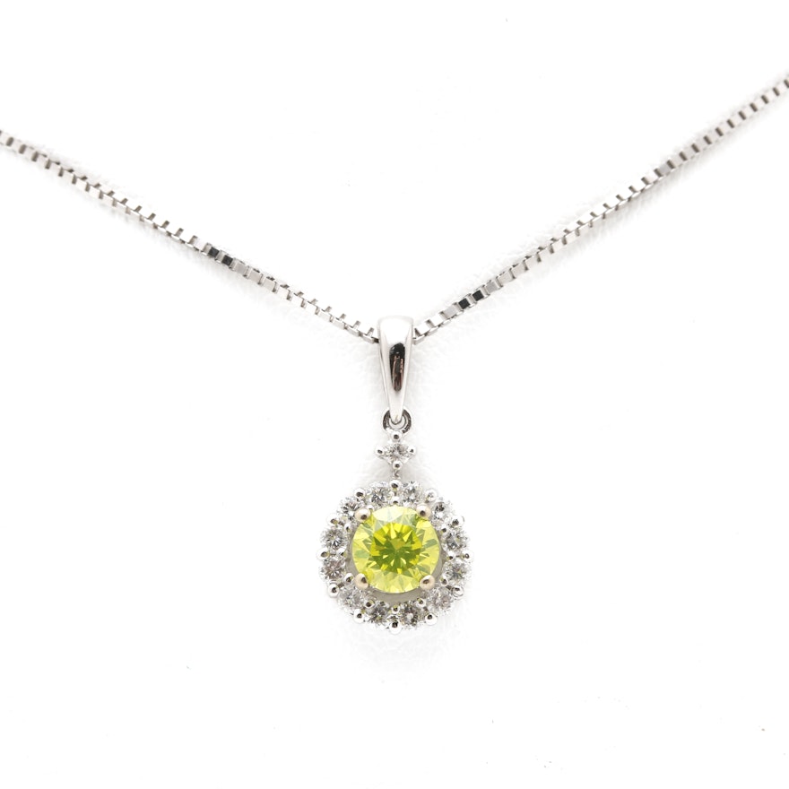 18K White Gold Fancy Green-Yellow and White Diamond Halo Pendant With 14K Box Chain