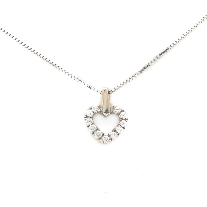 14K White Gold Necklace With 18K White Gold Diamond Heart Pendant