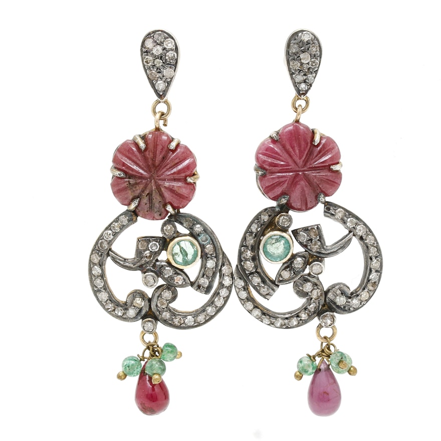 Sterling Silver Ruby, Emerald, and Diamond Earrings