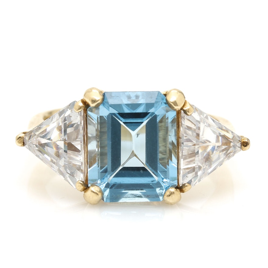 14K Yellow Gold 3.80 CTS Blue Topaz and Cubic Zirconia Ring