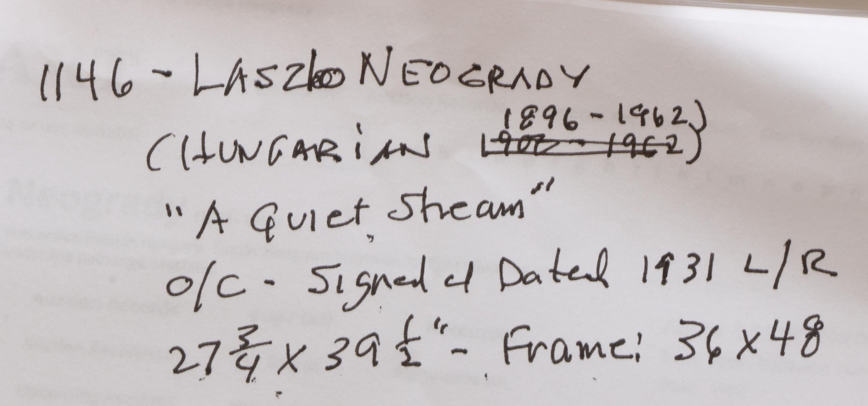 László Neogrády 1931 Oil on Canvas "A Quiet Stream"