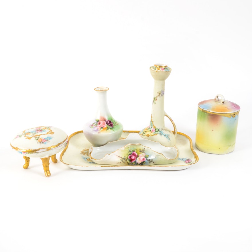 Antique Porcelain Floral Vanity Set Including Limoges