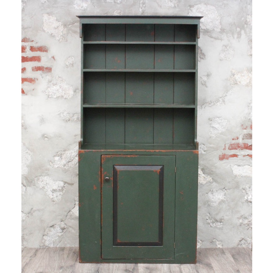Primitive Style Stepback Cupboard in Green Paint