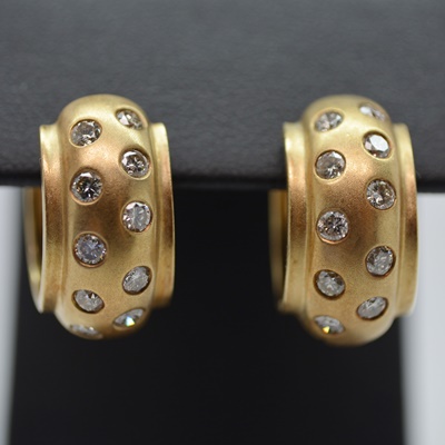 14K Yellow Gold Diamond Huggie Hoop Pierced Earrings