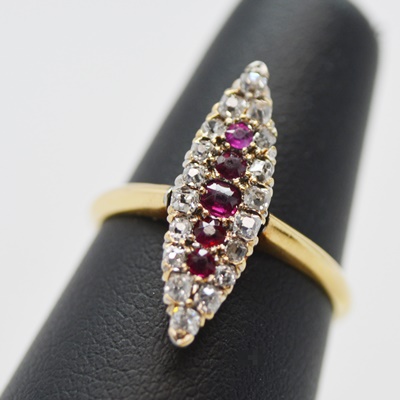 Victorian 14K Yellow Gold Ruby and Diamond Navette Ring