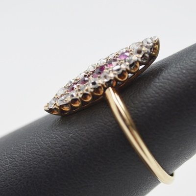 Victorian 14K Yellow Gold Ruby and Diamond Navette Ring
