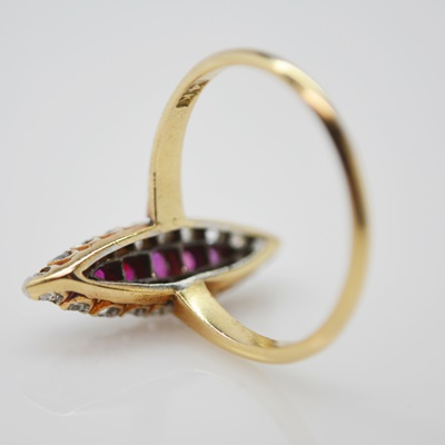 Victorian 14K Yellow Gold Ruby and Diamond Navette Ring