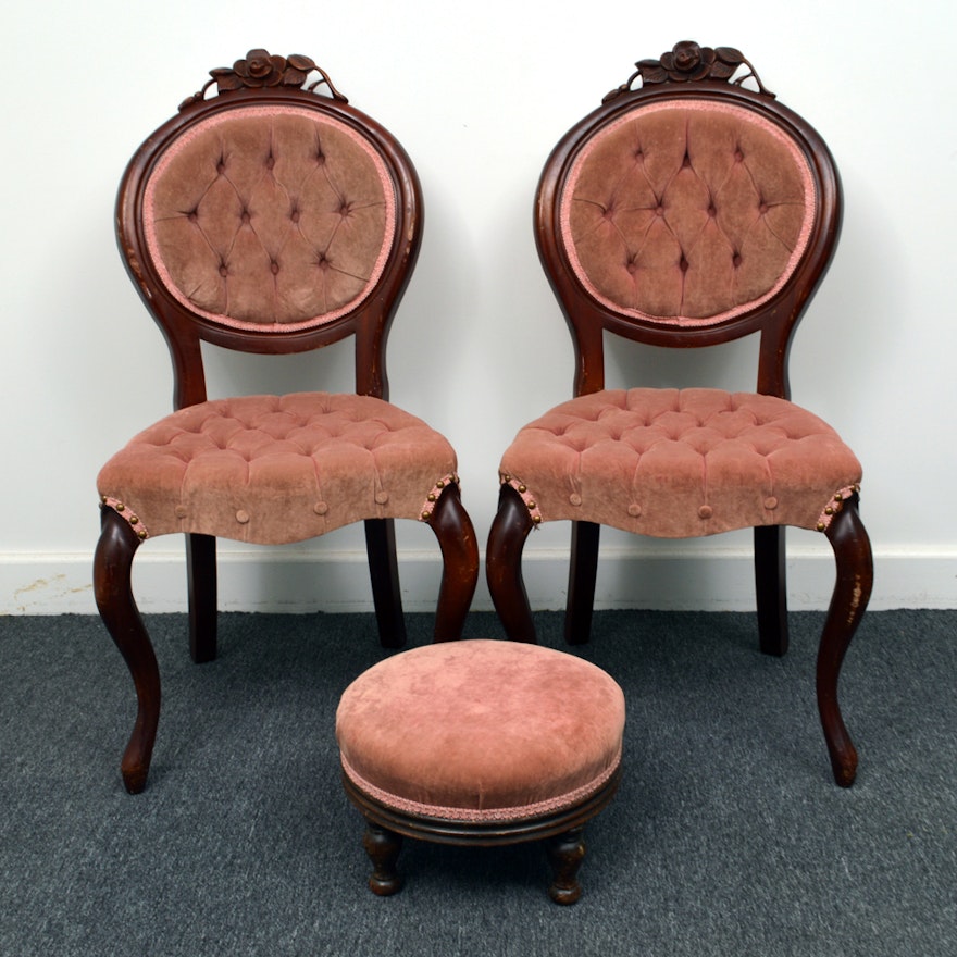 Vintage Victorian Style Upholstered Accent Chairs With Foot Stool