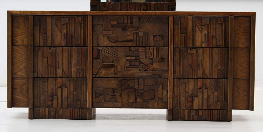 Brutalist Nine-Drawer Dresser With Mirror by Lane Funiture