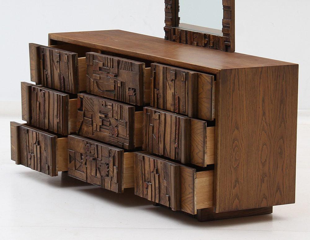 Brutalist Nine-Drawer Dresser With Mirror by Lane Funiture
