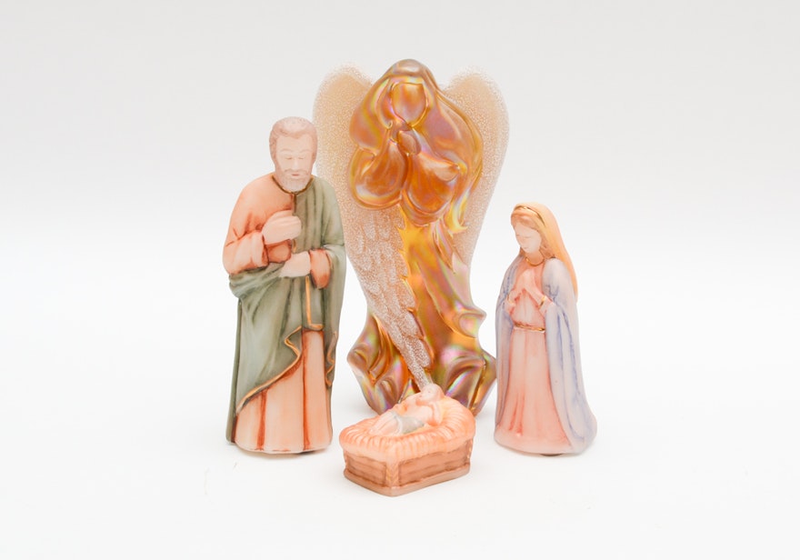 Fenton First Edition Nativity Figurines and Carnival Glass Angel
