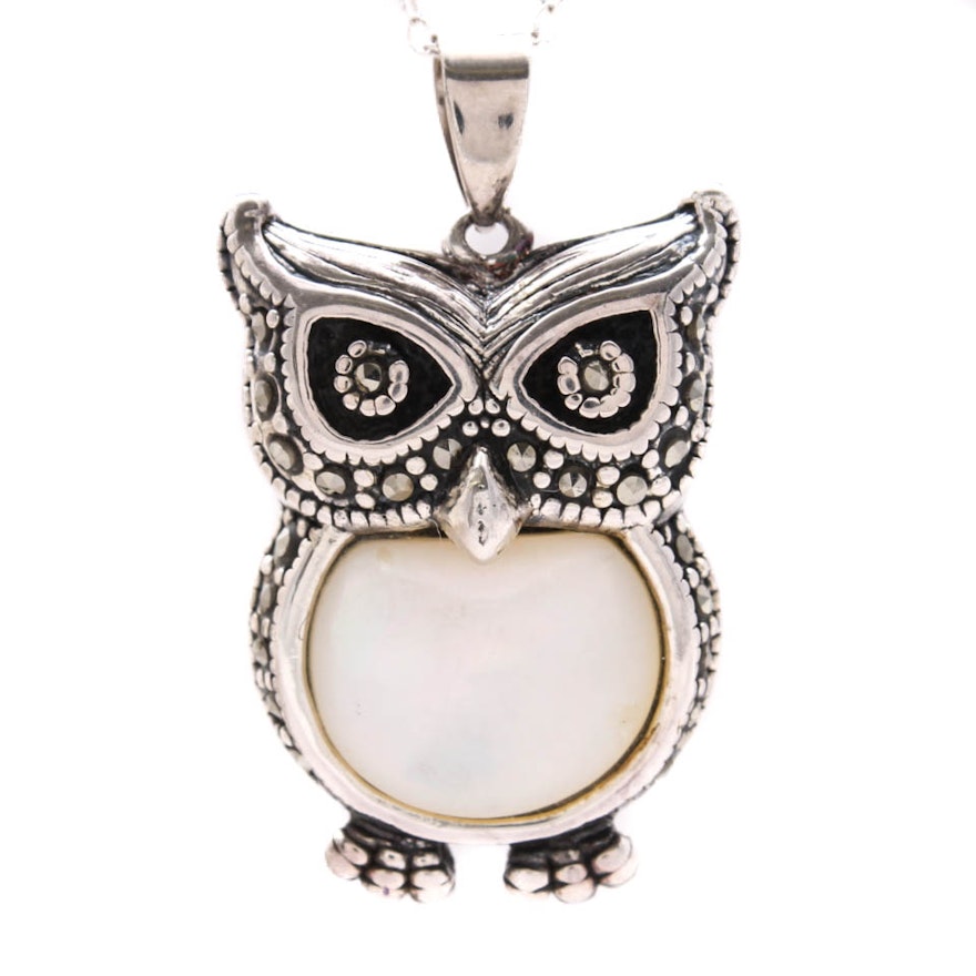 Sterling Silver Mother-of-Pearl and Marcasite Owl Pendant Necklace