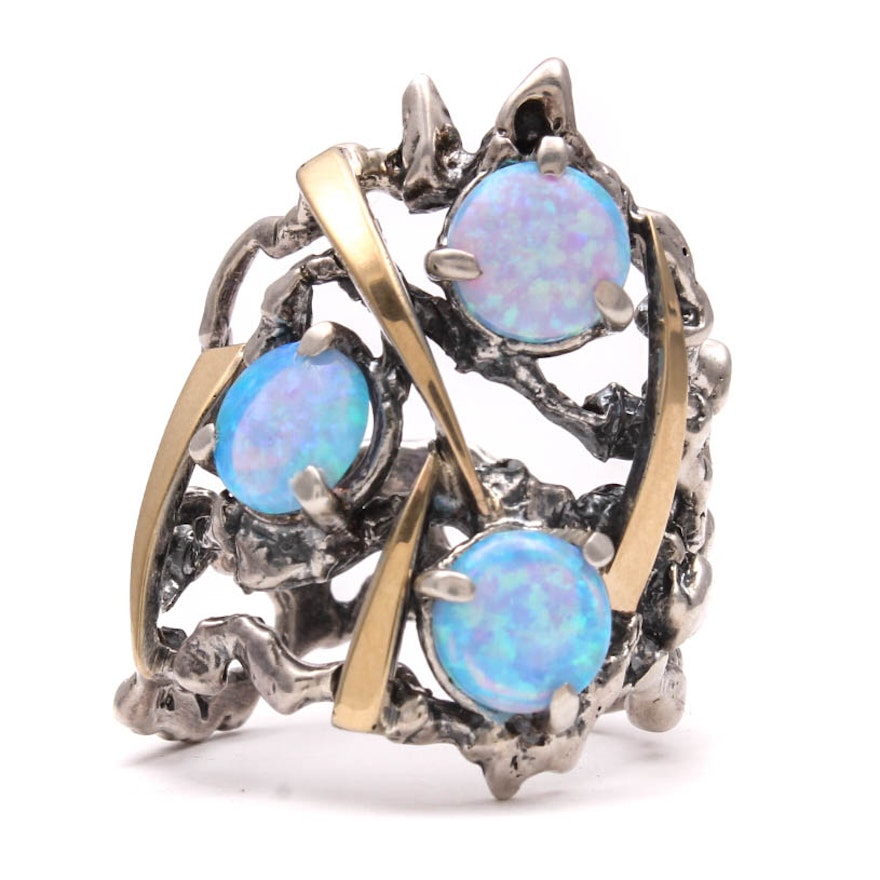 14K Yellow Gold Accented Sterling Silver Synthetic Opal Ring