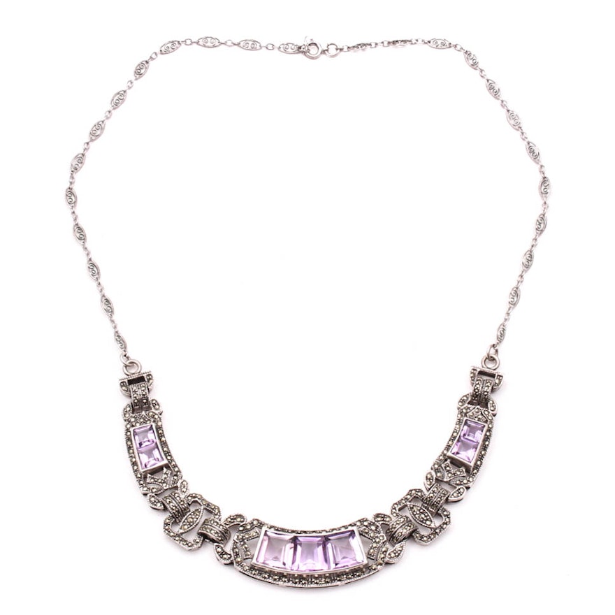 Sterling Silver, Amethyst and Marcasite Necklace