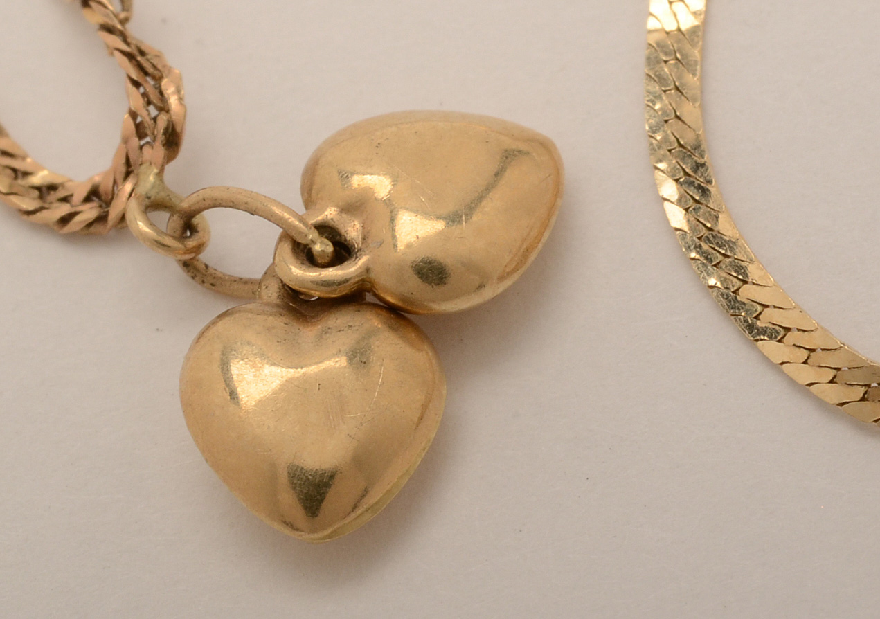 14K Yellow Gold Herringbone Chain Bracelet with Heart Charms