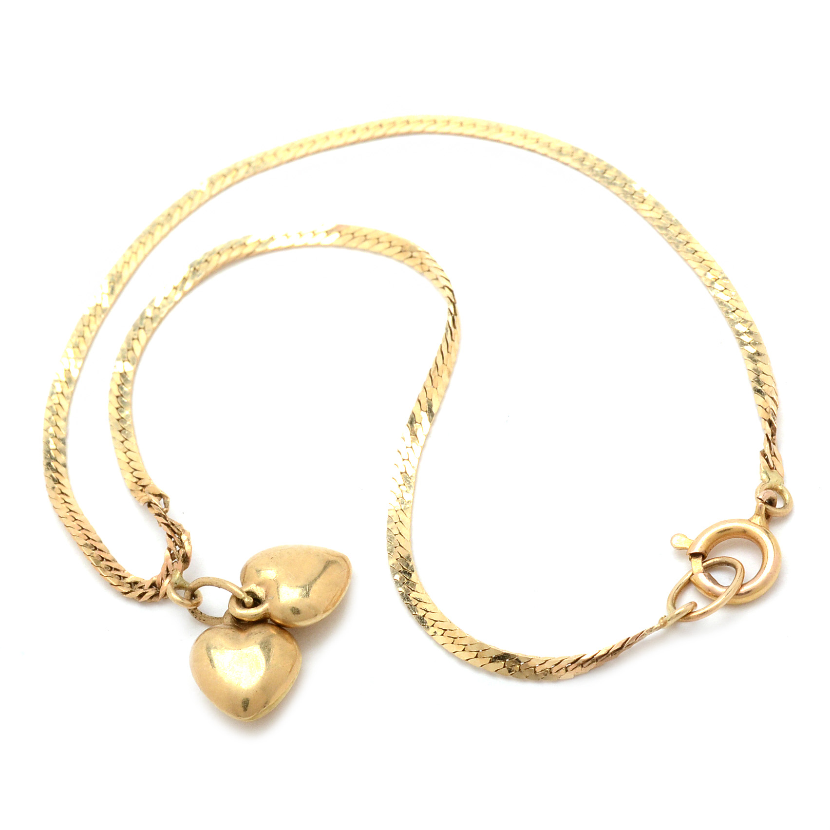 14K Yellow Gold Herringbone Chain Bracelet with Heart Charms