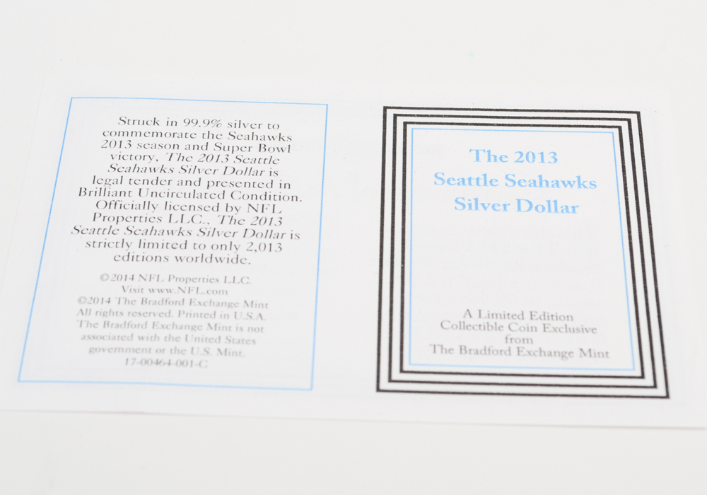 Bradford Exchange Limited Edition Seattle Seahawks 2013 Silver Fiji One Dollar Coin