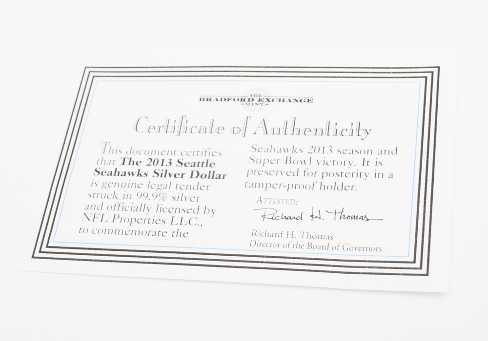 Bradford Exchange Limited Edition Seattle Seahawks 2013 Silver Fiji One Dollar Coin