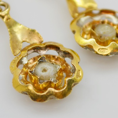 Antique Victorian 18K Yellow and White Gold Cultured Pearl Dangle Pierced Earrings