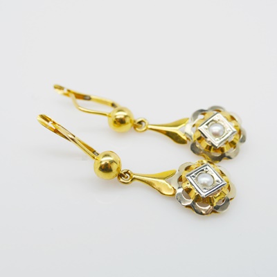 Antique Victorian 18K Yellow and White Gold Cultured Pearl Dangle Pierced Earrings