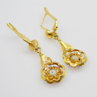 Antique Victorian 18K Yellow and White Gold Cultured Pearl Dangle Pierced Earrings